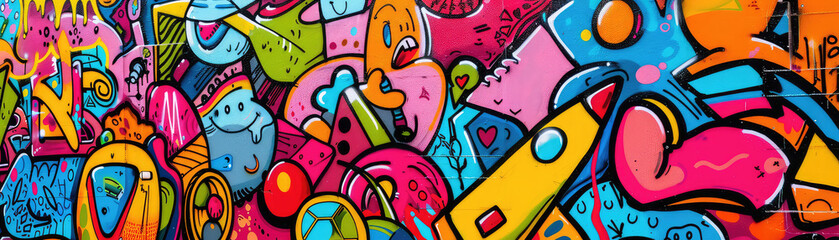 Colorful panoramic graffiti wall artwork