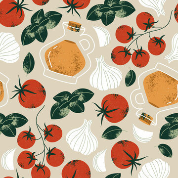 Pasta and pesto ingredients. Seamless pattern with tomato and olive oil with basil and garlic. Vector illustration