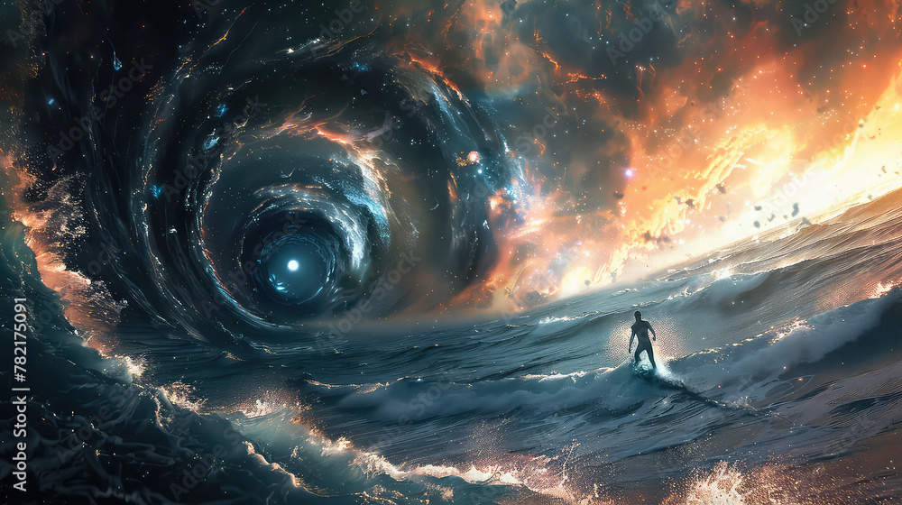 Wall mural surfer beneath a cosmic wave nebula
