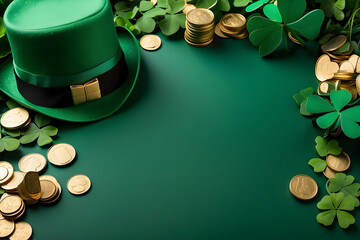 Festive St Patrick's Day composition with a green leprechaun hat, shamrocks, and scattered golden coins on a green background - obrazy, fototapety, plakaty