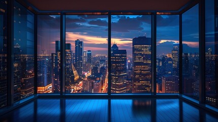 beautiful interior empty room with skyscrapers and downtown city skyline buildings view from high rise window at night overlooking realestate