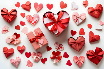 An array of red and white decorative hearts surrounding a romantic heart-shaped gift box on a white background