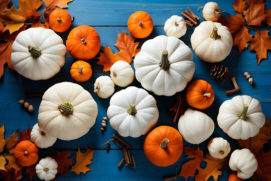 A top view image capturing white and orange pumpkins amongst vibrant autumn leaves, pine cones, and nuts on a blue background