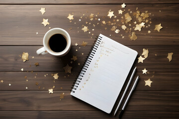 On a wooden table, a steaming cup of coffee resides beside a notebook with a to-do list, accompanied by golden star confetti, evoking productivity and inspiration