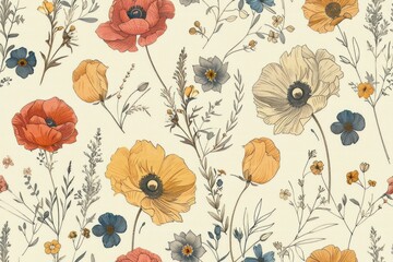Floral Poppy and Wildflower Seamless Pattern on Beige Background for Textile Design and More