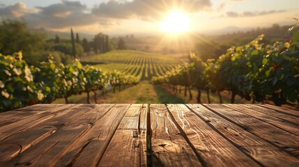 Fototapeta premium outdoor scene with an inviting wooden table bathed in radiant spring and summer light surrounded by garden greenery