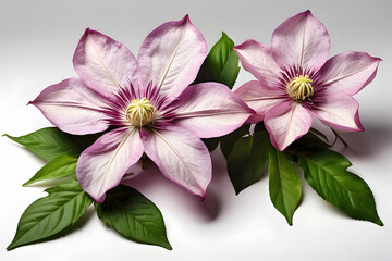 A high-resolution close up that beautifully captures the details of the vibrant pink clematis flowers and lush green leaves