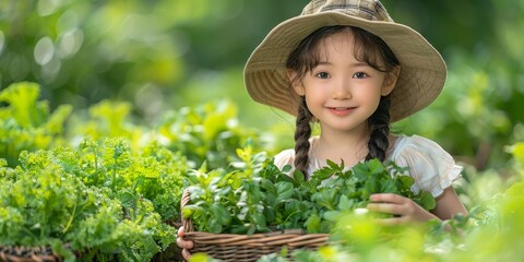 A small girl is holding a basket full of vegetables.