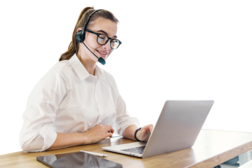 A young female consultant operator uses a microphone and internet in the office laptop. Isolated background.
