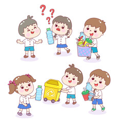 Cartoon Kids in Waste Sorting Character.