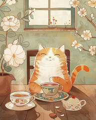 illustration of tea party with happy orange tabby cat indoors