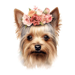 Yorkshire Terrier portrait with flower wreath on head isolated on white