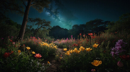Colorful wildflowers in springtime in the meadow at night. Generative AI