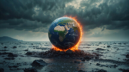 Planet Earth's environment heats up and sinks into a lot of water. Climate change global warming conceptual theme. Generated AI - 782177087