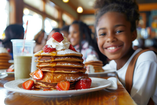 A young African American girl with a joyful smile, looking at a plate of pancakes topped with strawberries at a breakfast table.