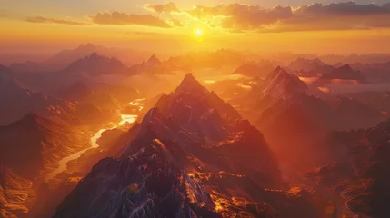 Fotobehang Golden sunset light illuminating remote mountain range, showcasing nature's majesty. © ChubbyCat