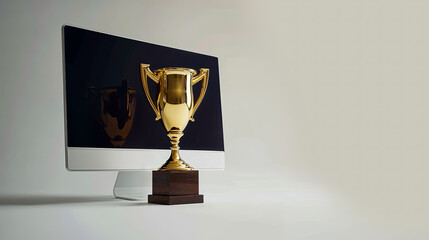 trophée en or à côté d'un écran d'ordinateur pour l'élection du meilleur site internet de l'année - obrazy, fototapety, plakaty