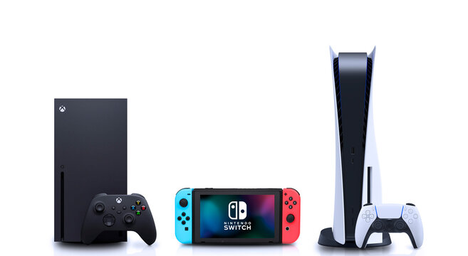 Xbox Series, Nintendo Switch and Playstation 5 on white background, 11 Apr, 2024, Sao paulo, Brazil