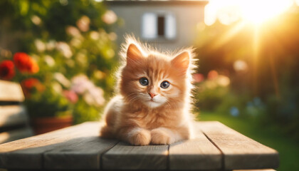 A cute ginger kitten lying down on an outdoor table. The kitten's fur is a soft orange hue, and it has striking blue eyes - obrazy, fototapety, plakaty