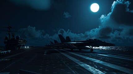 Moonlit night, the carrier's deck aglow, jets casting long shadows, eerie calm before action,