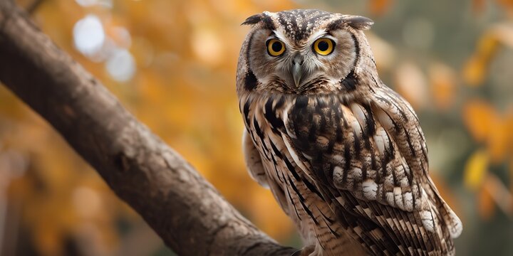 Owl bird sitting on a banch tree. Wil life nature outdoor forest background landscape scene