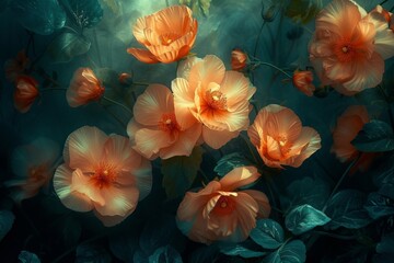 Vibrant Orange Flowers with Green Leaves on Dark Background in a Lush Garden Setting