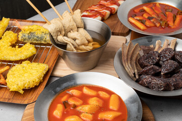 Soondae, Korean food, snack food, spicy rice cake, fried rice cake, sweet pumpkin, vegetables, seaweed roll shrimp, squid, sweet potato, sotteok, fish cake