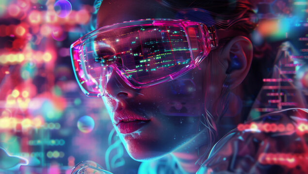 a woman in futuristic glasses looking at a computer screen