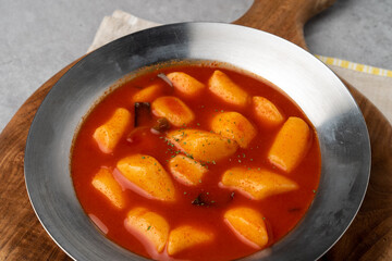 Soondae, Korean food, snack food, spicy rice cake, fried rice cake, sweet pumpkin, vegetables, seaweed roll shrimp, squid, sweet potato, sotteok, fish cake