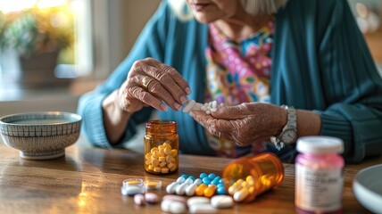 Managing Medication Challenges Senior Individual Contemplating Pills at a Table, Reflecting Confusion and Hesitation
 - obrazy, fototapety, plakaty