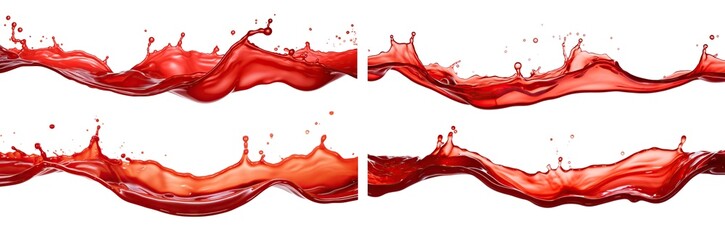 Set of vibrant and energetic splashes of a red liquid similar to red berry jam, juice or punch, cut out