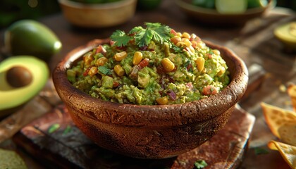 Fototapeta na wymiar Guacamole Galore, Celebrate the versatility of guacamole with images showcasing different variations and serving styles, from classic chunky guacamole to inventive flavors like mango or roasted corn