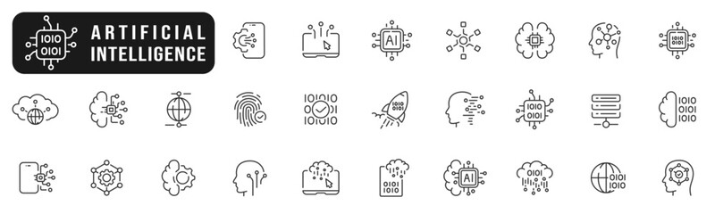 Set of artificial intelligence line icons. Technology, ai, digital, brain, chip etc. Editable stroke