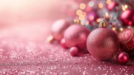 "Festive Christmas background with shimmering gold and pink baubles and twinkling lights