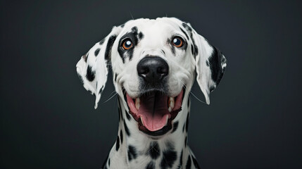 Studio portrait of a dalmatian dog with a happy face, on black background