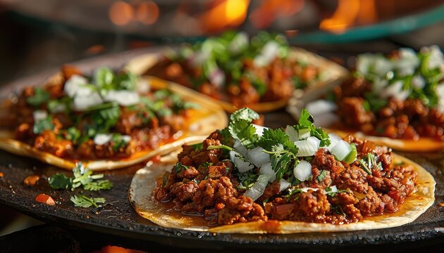 Authentic Street Tacos, Highlight the authenticity of Mexican street food with images of traditional street tacos served on corn tortillas, garnished with onions, cilantro, and a squeeze of lime