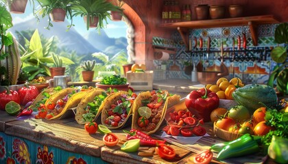 Taco Fiesta Extravaganza, Create a concept showcasing the colorful and flavorful world of tacos, featuring a variety of fillings such as carne asada, al pastor, and grilled vegetables - obrazy, fototapety, plakaty