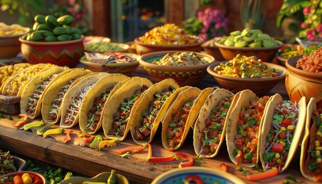 Taco Fiesta Extravaganza, Create a concept showcasing the colorful and flavorful world of tacos, featuring a variety of fillings such as carne asada, al pastor, and grilled vegetables