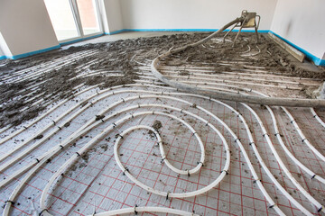  underfloor heating system in construction of new built residential home - 782179035