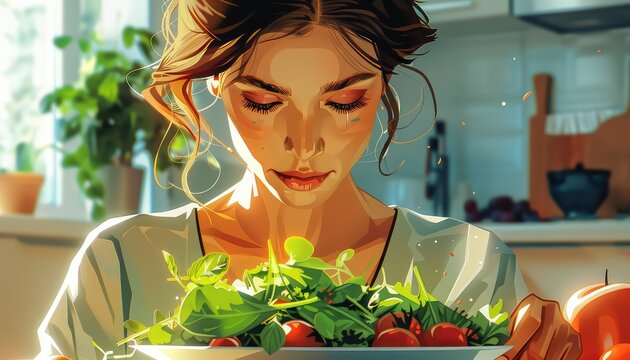 Mindful Eating Practices, Capture the essence of mindful eating with images of individuals savoring their food, chewing slowly, and paying attention to hunger and fullness cues