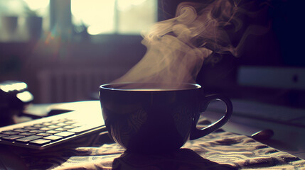 taza de café en la oficina llegando al trabajo café caliente con vapor saliendo rico aroma a cafeína foto tomada a contra luz
