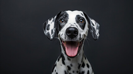Studio portrait of a dalmatian dog with a laughing face, on blackbackground