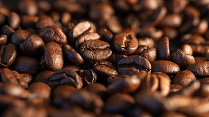 Closeup coffee beans on warm light 