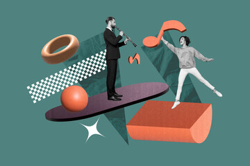 Creative photo collage gentleman young handsome professional player flute cheerful woman take note 3d figures drawing background © deagreez