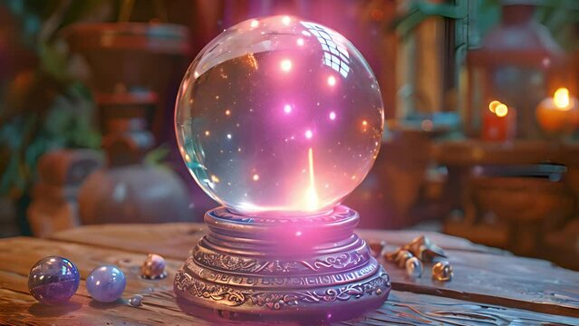 Fantasy beautiful gypsy crystal ball, predicts fate, feel energy of crystal ball in dark gothic room. Mystical photo of old art vintage astrology. Fortune teller woman reading future on magical tarot 