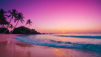 The sun setting over a tropical beach with palm trees in the foreground, casting a warm glow over the sandy shoreline