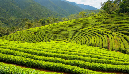 A hillside covered in vibrant green grass with neat rows of trees extending across the landscape