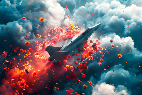 Combat fighter flies out of the clouds leaving a trail of spring flowers with crown petals, a symbol of peace and tranquility