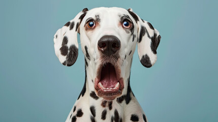Studio portrait of a dalmatian dog with a surprised face, on pastel blue background