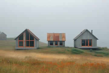 Obraz premium Tranquil scene of three small cabins nestled in a grassy field with a serene body of water in the background